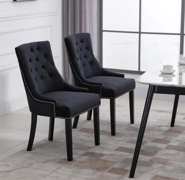 Louis Modern Black Grey Blue Velvet Set of 2 Dining Chairs